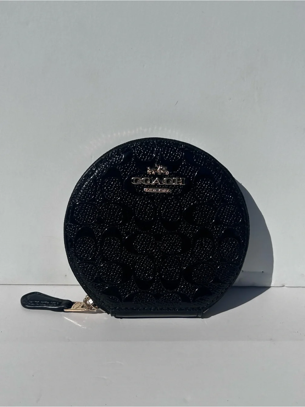 COACH Black Debossed Signature Patent Leather Circular Round Coin Purse Pouch